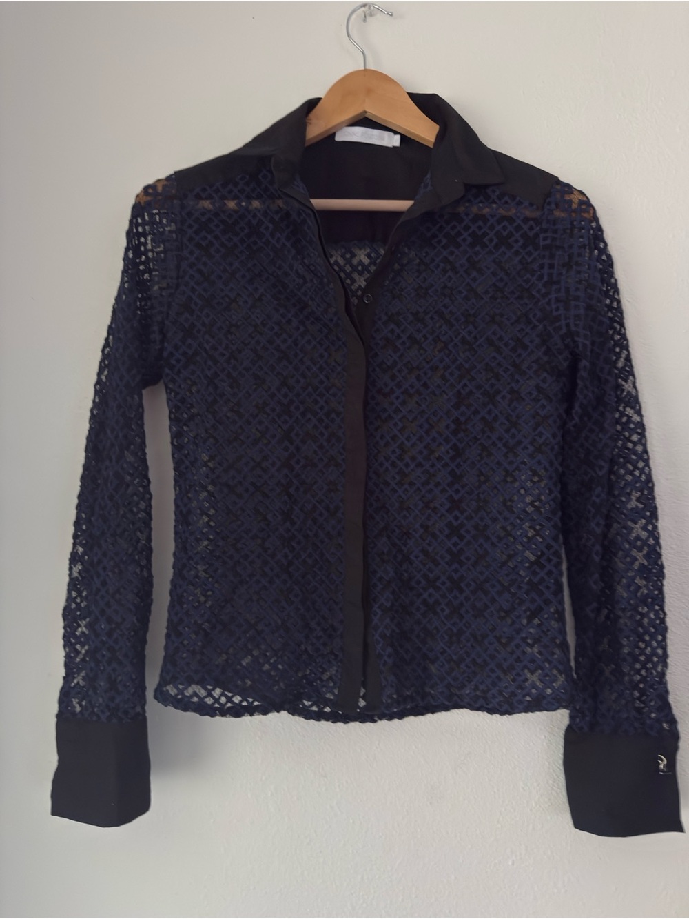 Anne Fontaine Black and Navy Eyelet Blouse Collared Button Front FR 36 S Women
